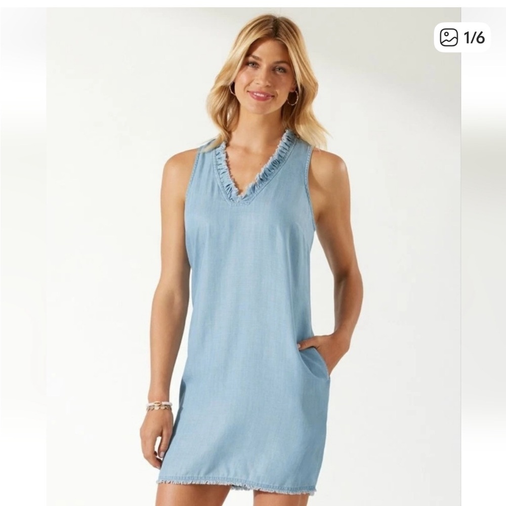 Tommy Bahama Chambray Ruffle Shift Dress with Pockets, 100% Tencel Size XS
